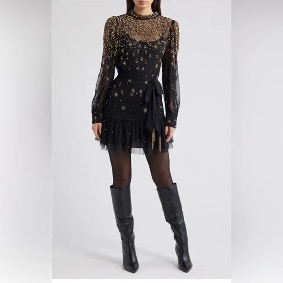Farm Rio Black/Gold Embroidered Tulle Overlay Minidress, Concert, Party, XL NWT - Picture 2 of 12
